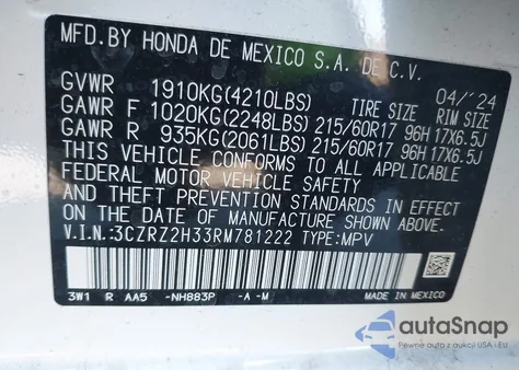 2024 Honda Hr-V Awd Lx z USA, uszkodzony, nr VIN 3CZRZ2H33RM781222